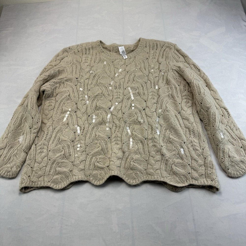 Wynne Collection Cable Knit Sweater Women's XL Beige Sequin Chunky Knit